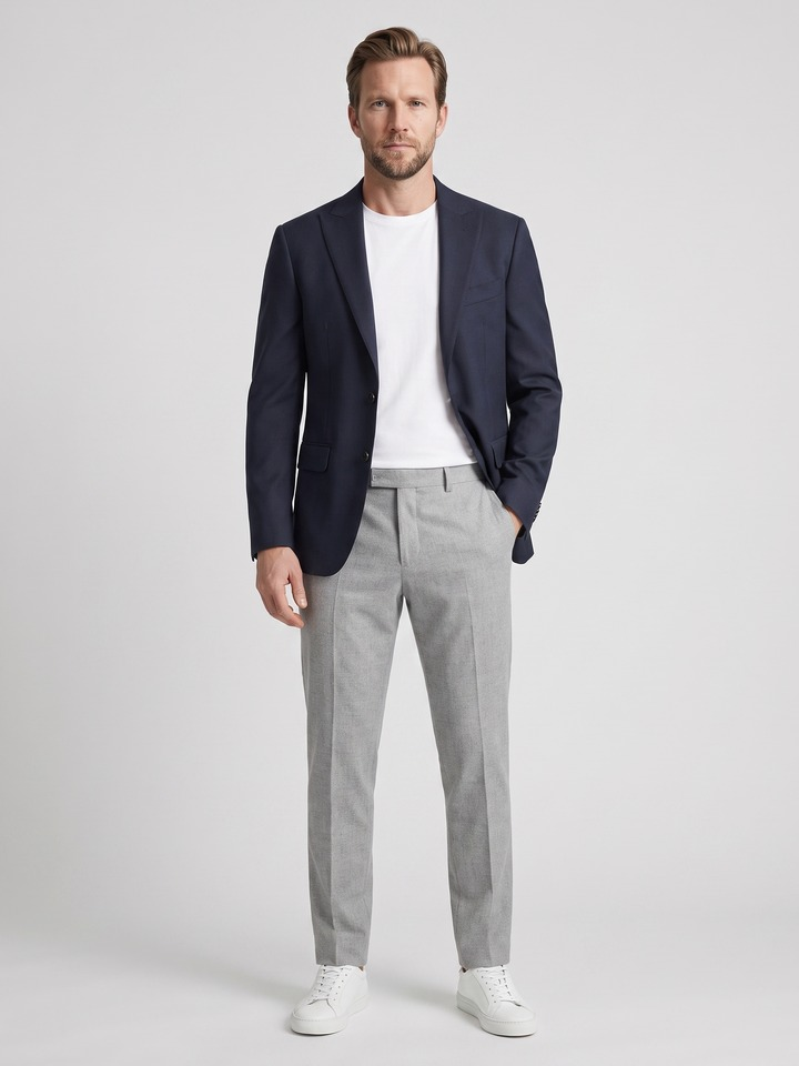 Lacivert yün blazer ve gri kumaş pantolon — erkek tam boy karesi