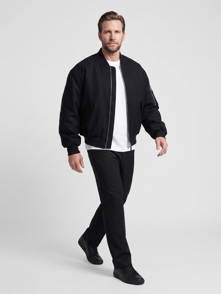 Siyah yün oversize bomber ceket — erkek yürüyüş karesi
