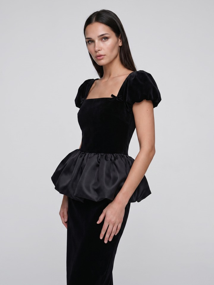 Siyah kadife balon peplum midi elbise — kadın üç çeyrek boy karesi