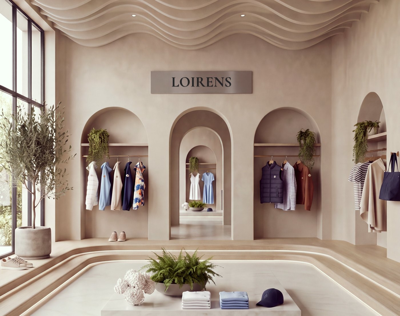 LOIRENS mağaza içi — kemerli mekân, LOIRENS tabelası, askıda parçalar