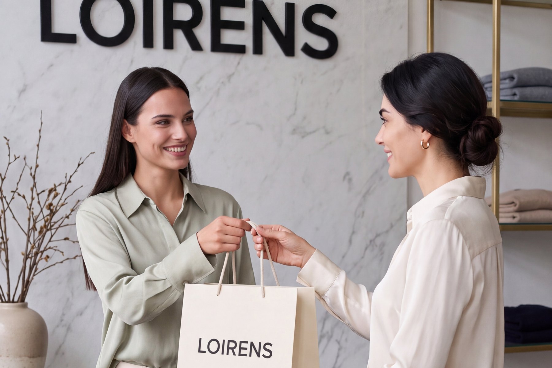 LOIRENS mağazasında teslim anı — tezgâhta iki müşteri ve LOIRENS poşeti